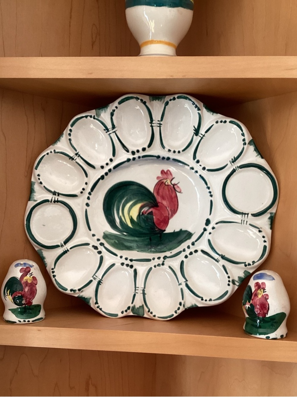 Vintage Italian hand painted deviled egg tray with salt and pepper shakers